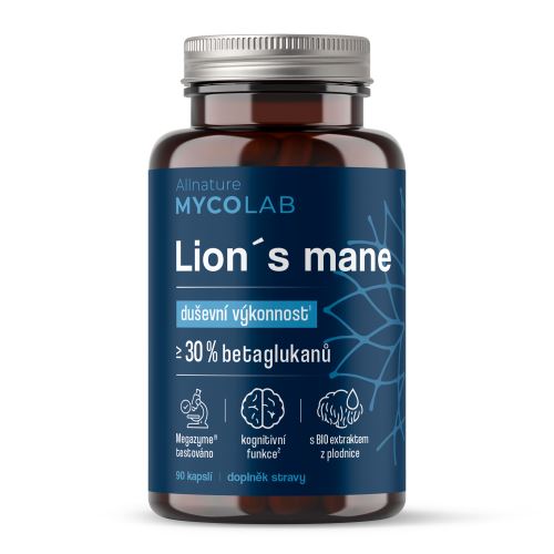 Allnature MYCOLAB Lion’s Mane 500 mg extraktu, 30 % beta-glukanů + B5 + jód + B12, 90 cps