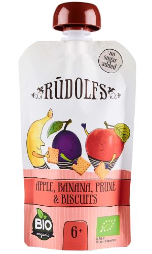 Rudolfs BIO kapsička Jablko, banán, sušená švestka, sušenky 110 g (od 6 měsíců)