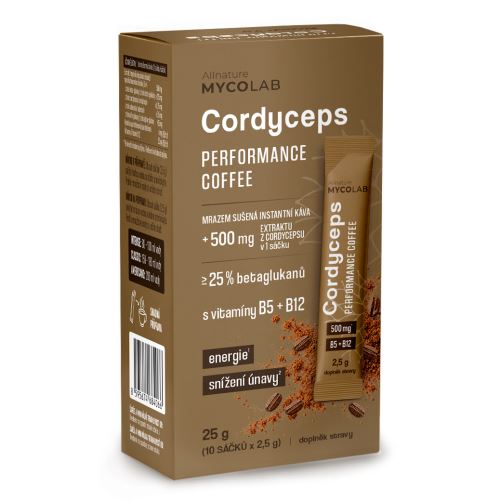 Allnature MYCOLAB Cordyceps Performance Coffee s vitaminy B5 a B12 10 x 2,5 g